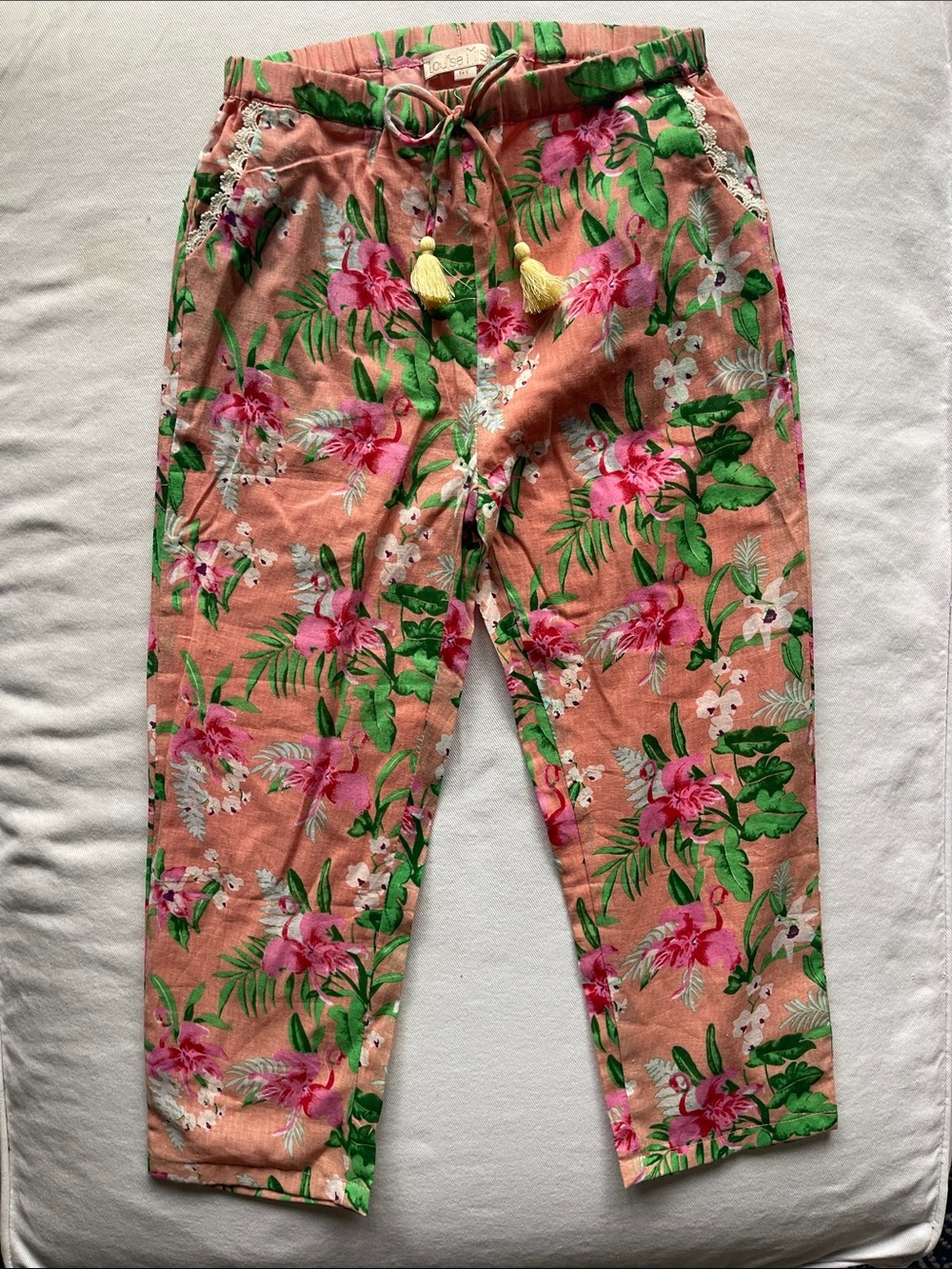 LOUISE MISHA Girls Size 6 Peach Floral Drawstring Lounge Pants